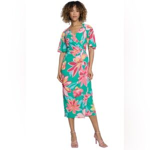 Maggy London Floral Midi Summer Women Faux-wrap Bodice and V-Neckline Dress